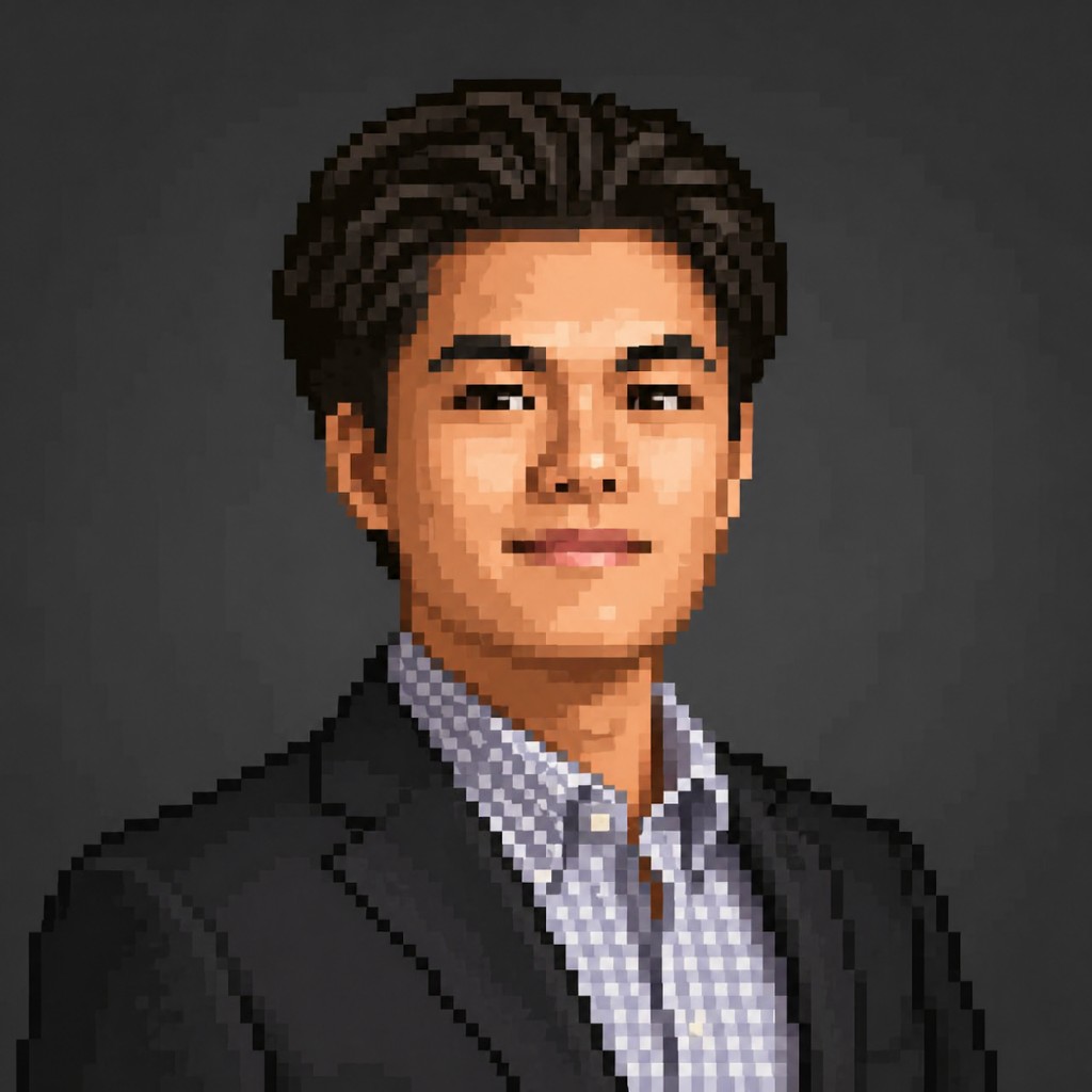 Pixel art portrait of Adrian Muñoz in a suit and checkered shirt.